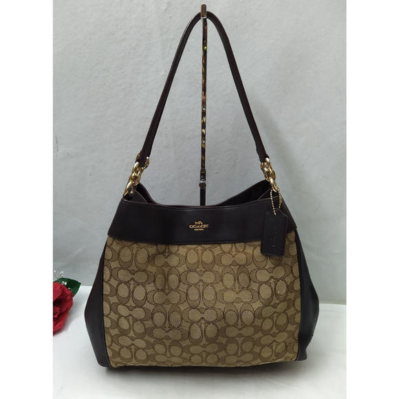 Coach Handbags - Coach Lexy Signature Khaki Brown Canvas 3 Compartments Shoulder Bag
